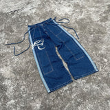 Ouzey 90s Streetwear 2024 New High Waisted Baggy Jeans Women Oversized Pattern Print Blue Slouchy Straight Wide Leg Pants Goth Harajuku Streetwear