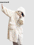 Ouzey Winter Long Oversized Colorful Cute Sweet Faux Fur Coat Women with Hood Horn Buttons Fluffy Furry Overcoat 2025