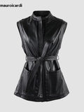 Ouzey Spring Short Black Soft Pu Leather Vest Women with Side Slit Sashes Stand Collar Luxury Chic Sleeveless Jacket 2025