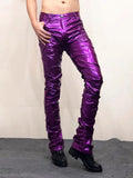 Ouzey Purple Green Shiny Reflective Skinny Stretchy Faux Leather Stacked Pants for Men Sexy Latex Trousers Y2K Streetwear