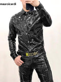 Ouzey Spring Autumn Cool Fitted Black Pink Yellow Shiny Reflective Stretchy Faux Leather Shirt Jacket Men Emo Clothes 2025