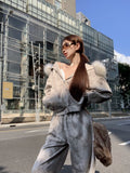 Ouzey 90s Streetwear New Retro Suit Leopard Print Fur Collar Hoodie Women Clothes Casual Simple Y2K Street Wide Leg Pants Zipper Jacket Two Piece Set