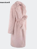 Ouzey Spring Winter Long Oversized Pink Hairy Thick Warm Soft Faux Fox Fur Coat Women Sashes Loose Korean Fashion 2025