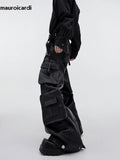 Ouzey Autumn Cool Black Baggy Pu Leather Wide Leg Cargo Pants for Men Three-dimensional Pockets Luxury Designer Clothes