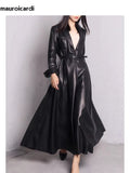 Ouzey Spring Black Maxi Skirted Faux Leather Trench Coat for Women Extra Long Elegant Luxury Designer Clothes Overcoat