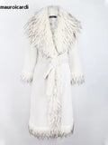 Ouzey Winter Long White Thick Warm Luxury Elegant Fluffy Faux Fur Coat Women with Fake Fox Fur Trim Sashes Furry Overcoat