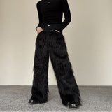 Ouzey Dark Plush Patchwork Denim Wide-leg Pants