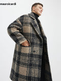 Ouzey Autumn Winter Long Loose Stylish Thick Warm Colorful Plaid Wool & Blends Coat Men Double Breasted Runway Fashion