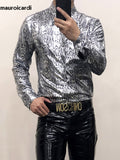 Ouzey Spring Autumn Cool Sexy Fitted Shiny Stretchy Colorful Snake Print Faux Leather Shirt Jacket Men Emo Clothes 2025