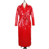 Ouzey Autumn Long Waterproof Shiny Reflective Red Patent Pu Leather Cocoon Coat Women Sashes Loose Runway European Fashion