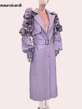 Ouzey Spring Long Soft Purple Faux Leather Trench Coat for Women with Ruffled Lantern Sleeve Elegant Luxury Chic Overcoat