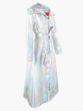 Ouzey Spring Long Shiny Reflective Holographic Silver Faux Leather Trench Coat for Women with Hood Zip Up Y2K Streetwear