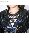 Ouzey Spring Soft Thin Flowy Shiny Reflective Holographic Black PVC Faux Leather Trench Coat for Women Maxi Y2K Streetwear