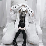 Ouzey Autumn Winter Sweet Cute Kawaii Soft Thick Warm Black Faux Fur Coat Women with Bunny Ears Cute Fluffy Jacket Hoodie