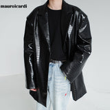 Ouzey Spring Black Reflective Crocodile Print Shiny Faux Leather Jackets for Men High Quality Fashion Leather Blazer 2025