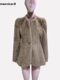 Ouzey Winter Elegant Luxury Short Fitted Thick Warm Soft Skirted Faux Mink Fur Coat Jacket Women with Long Puff Sleeve