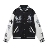 Ouzey 2024 Men's Women's Loose-fit Baseball Jacket Cartoon Embroidery Pattern Autumn/winter Stylish Splice Leather Sleeve