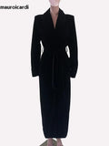 Ouzey Spring Black Long Soft Velvet Trench Coat for Women Shawl Collar Sashes Elegant Luxury Designer Clothes Overcoat