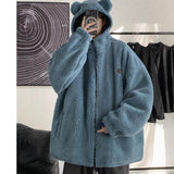 Ouzey Loose and trendy men's cardigan hooded sweatshirt 2025 Korean style plus velvet large size loose sherpa jacket men clothing top