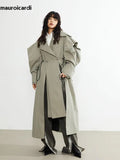 Ouzey Spring Long Oversized Elegant Ruffled Trench Coat for Women Double Breasted Luxury Designer Overcoat Runway Fashion