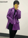 Ouzey Spring Loose Matte Purple Crocodile Print Faux Leather Blazer Women Double Breasted Loose Casual Fall Clothes 2025