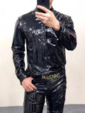 Ouzey Spring Autumn Cool Fitted Black Pink Yellow Shiny Reflective Stretchy Faux Leather Shirt Jacket Men Emo Clothes 2025