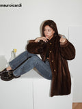 Ouzey Spring Winter Brown Thick Warm Soft Faux Mink Fur Coat Women Puff Sleeve Stand Collar Elegant Luxury Fluffy Jacket