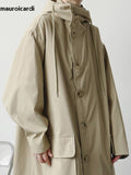 Ouzey Spring Autumn Long Black Khaki Oversized Trench Coat Men with Hood Pockets Loose Casual Windproof Windbreaker 2025