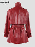 Ouzey Spring Luxury Chic Soft Waterproof Wine Red Pu Leather Trench Coat for Women Belt Double Breasted Fall Clothes 2025