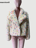 Ouzey Winter Short Colorful Thick Warm Fluffy Faux Fur Coat Women Loose Sweet Luxury Fluffy Jacket Furry Cardigan 2025