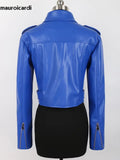 Ouzey Spring Short Blue Lightweight Soft Pu Leather Moto & Biker Jacket Women Zipper Belt Long Sleeve Fall Clothes 2025