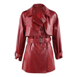 Ouzey Spring Luxury Chic Soft Waterproof Wine Red Pu Leather Trench Coat for Women Belt Double Breasted Fall Clothes 2025