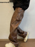 Ouzey Autumn Long Retro Cool Baggy Distressed Washed Brown Soft Pu Leather Wide Leg Pants for Men Luxury Designer Clothes