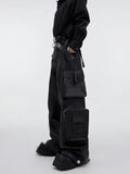 Ouzey Autumn Cool Black Baggy Pu Leather Wide Leg Cargo Pants for Men Three-dimensional Pockets Luxury Designer Clothes