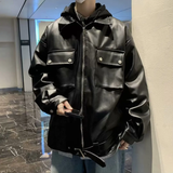 Ouzey Illusion Hooded Leather Jacket For Men New Style American Vintage Motorcycle Jacket Double Zip Casual Loose Fit