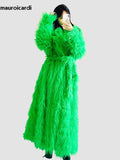 Ouzey Winter Extra Long Oversized Bright Green Colored Hairy Thick Warm Soft Shaggy Faux Mongolian Fur Coat Women Sashes