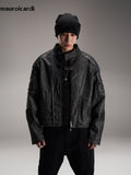 Ouzey Spring Autumn Cool Handsome Vintage Short Distressed Black Faux Leather Racer Jacket Men Shoulder Pads