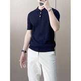 Ouzey Men's Summer Ice Silk Breathable Knitted Polo Shirt Lapel Fashion Hollow High Elastic Short Sleeve T-shirt