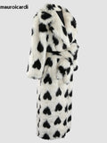 Ouzey Autumn Winter Thick Warm Colorful Fluffy Heart Printed Maxi Faux Fur Coat Women Sashes Luxury Designer Clothes 2025