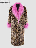 Ouzey Winter Long Thick Warm Colorful Leopard Print Patchwork Faux Fur Coat Women Luxury Designer European Clothes 2025