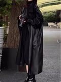 Ouzey Spring Autumn Black Long Soft Flowy Pu Leather Trench Coat for Women Raglan Sleeve Sashes Loose Casual Clothes 2025