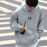 Ouzey American high street CH letter hooded sweatshirt men's hip-hop fashion brand autumn and winter plus velvet loose couple's jacket