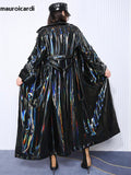 Ouzey Spring Soft Thin Flowy Shiny Reflective Holographic Black PVC Faux Leather Trench Coat for Women Maxi Y2K Streetwear