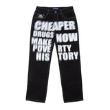 Ouzey Streetwear Jeans Y2K Men Women Retro Hip Hop Letter Graphic Print Baggy Jeans Black Pants Punk Rock High Waist Wide Leg Trousers