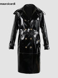 Ouzey Spring Long Shiny Reflective Black Patent Pu Leather Trench Coat for Women Belt Double Breasted Y2K European Clothes