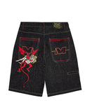 Ouzey Streetwear Shorts Y2K Pants Mens Hip Hop Demon Embroidery Retro Black Baggy Jeans Denim Gym Shorts New Punk Rock Casual Shorts