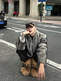 Ouzey Spring Winter Short Thick Warm Hairy Shaggy Grey Faux Fur Coat Men V Neck Long Sleeve Cool Handsome Fluffy Jacket