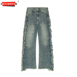 Ouzey Hip Hop Men's Denim Pants Spring Autumn High Street Vibe Personalized Ragged Edge Splicing Jeans Trendy Designer Male Trousers