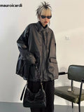 Ouzey Spring Oversized  Waterproof Black Soft Faux Leather Jacket Women Turn-down Collar Loose Casual Korean Fashion 2025