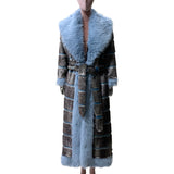 Ouzey Autumn Winter Extra Long Striped Thick Warm Faux Fur Coat Women with Fur Trim Elegant Luxury Maxi Furry Overcoat